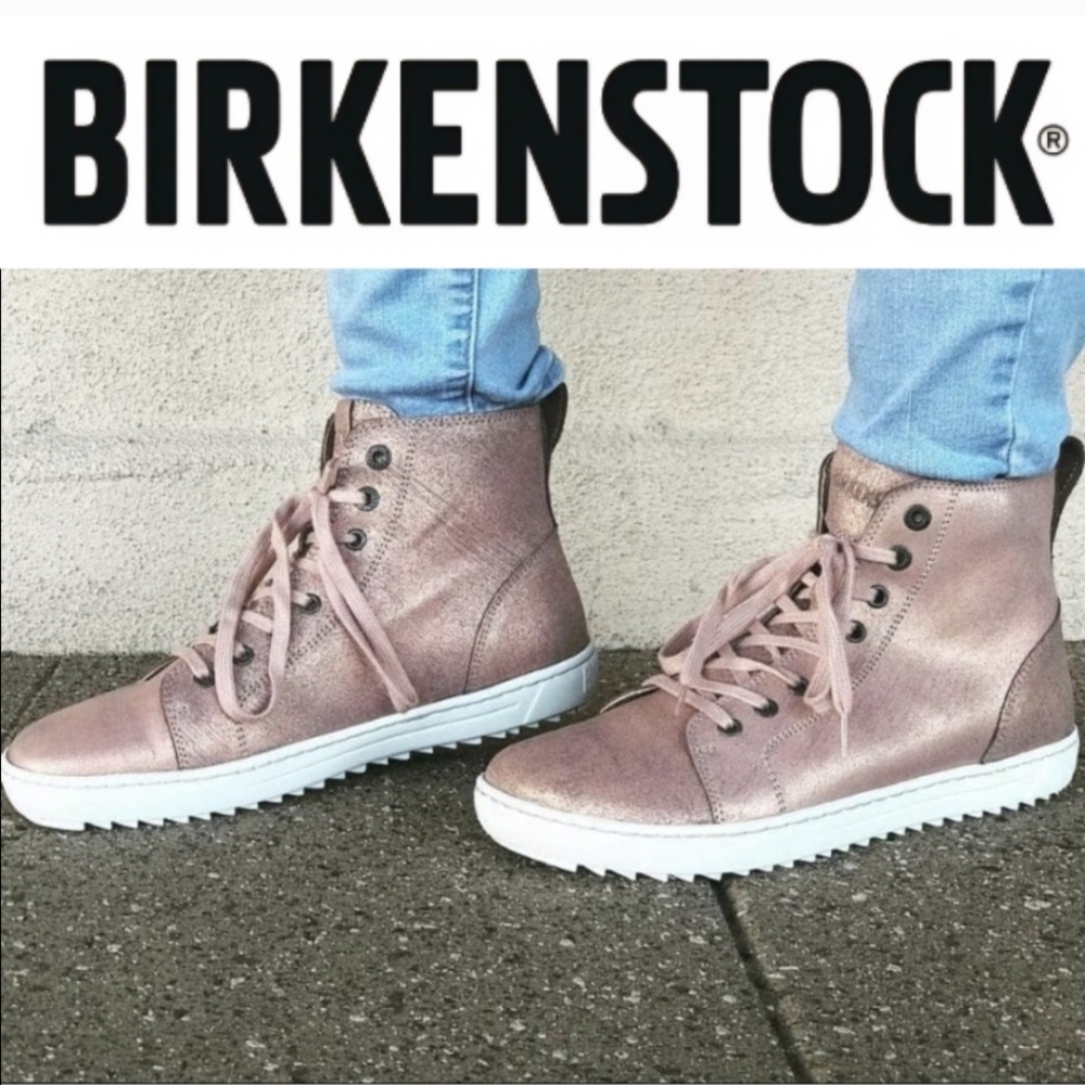 NEW BIRKENSTOCK Bartlett Metallic Rose Pink High-Top Leather Sneakers 41 10 10.5